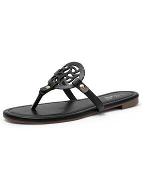 Women's Black Faux Leather Lightweight Summer Dressy Flip Flops Flat Sandals